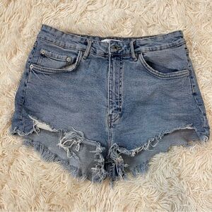 Zara distressed zip up high rise denim washed blue mini shorts size 10 cotton